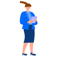 businesswoman with tied hair holding a tablet, standing pose, flat vector illustration