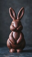 Chocolate bunny with textured fur, a sweet treat, sculpted for Easter, with a dark, rich, and decadent appearance.