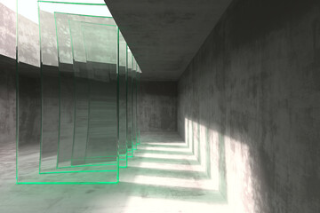 Abstract geometric architecture with green glass panels in minimalist concrete space. 3d render
