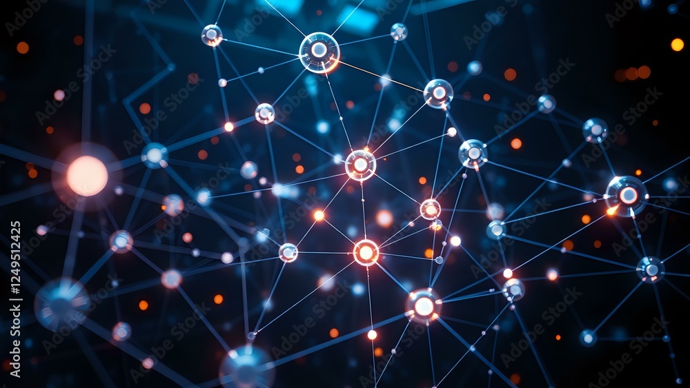 Poster abstract futuristic node network | glowing node spheres on dark blue background