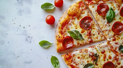 A delicious pizza slice, isolated on a white surface