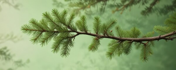 Obraz premium Pine tree branch against a soft pastel green background, nature, calm
