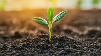 Fototapeta premium A young green plant sprouts from rich soil, symbolizing growth and new beginnings in a warm, sunlit environment.
