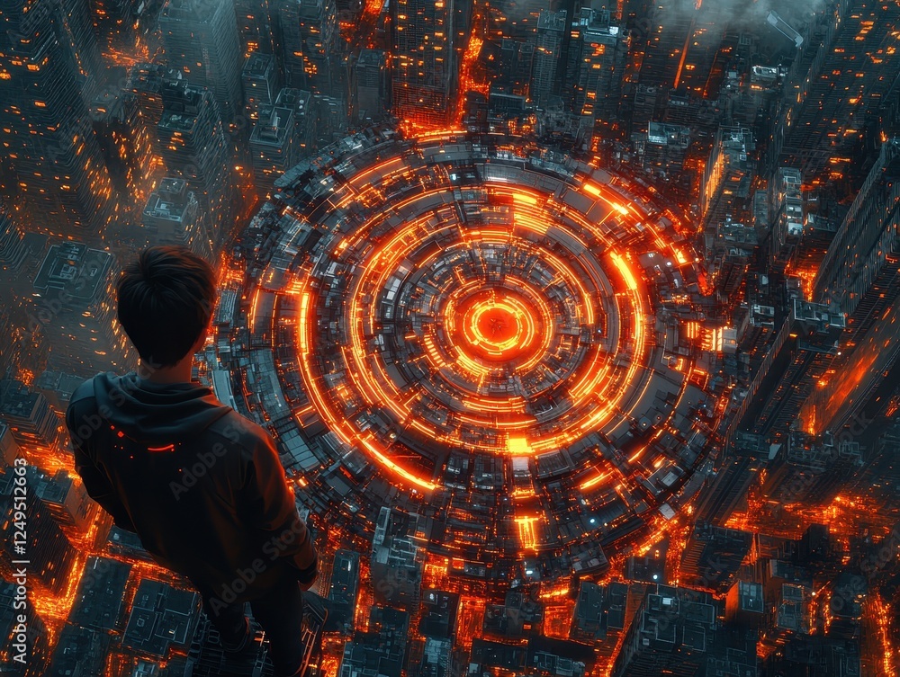 Poster a figure gazes over a futuristic cityscape with glowing circular patterns.