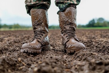 Soldier stands in muddy field showcasing resilience and determination amidst challenging conditions