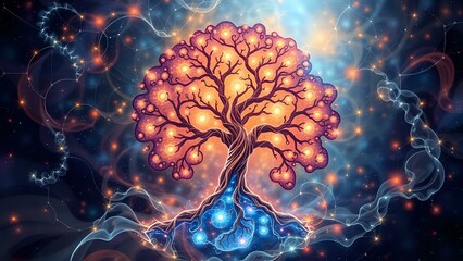 Cosmic Tree of Life: Glowing Leaves Against a Starry Night