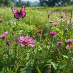 Obraz premium Pink wildflower growing among other flowers and grasses in a lush green meadow with some butterflies nearby, nature, wildflower, plants