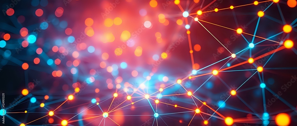 Poster futuristic abstract node design deep blue & orange glowing nodes intricate dimensional networks on a