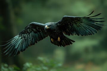 Fototapeta premium A majestic bird of prey soaring through a lush, green forest environment.
