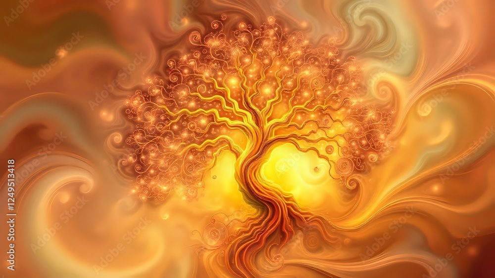 Poster abstract tree of life: vibrant fractal patterns with ethereal aura effect