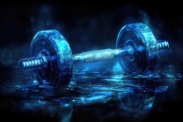 Blue Neon Dumbbell on Wet Surface with Smoke and Reflection - Fitness and Strength Concept