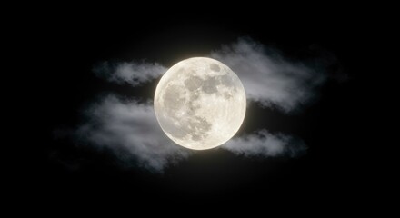 Full moon illuminating the night sky, surrounded by wispy clouds creating a serene atmosphere