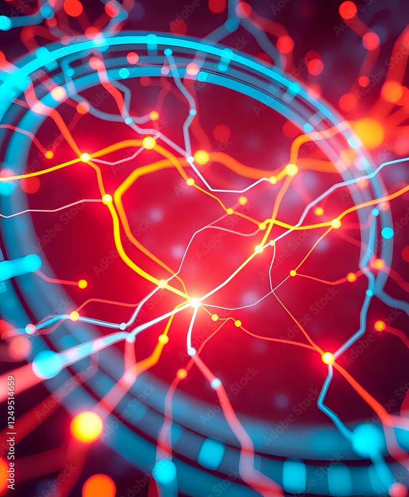 Poster futuristic abstract design: neon circuit flow in 3d space