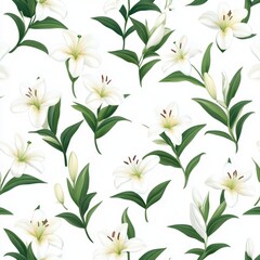 Elegant Floral Pattern with White Lilies and Green Leaves Design