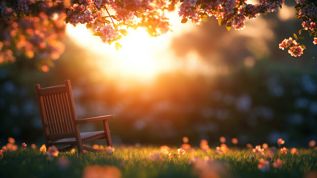 Escena primaveral durante el atardecer de una silla sobre el cesped y entre las flores transmitiendo relajaci&oacute;n y tranquilidad