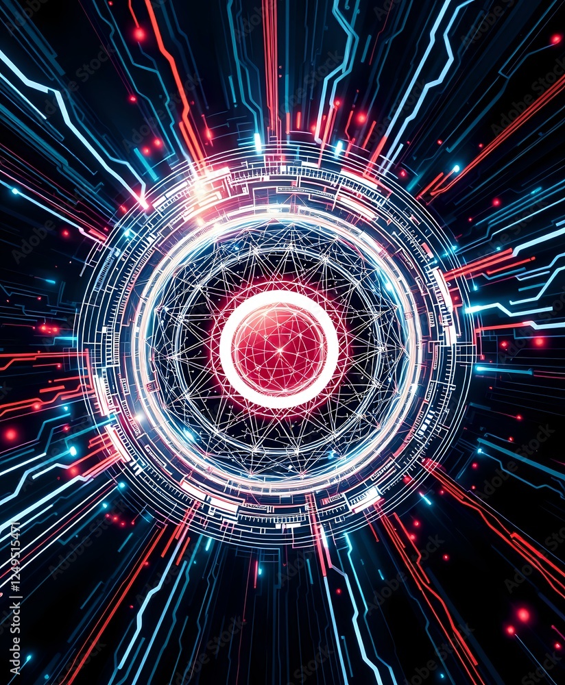 Poster futuristic abstract orb design: intricate patterns in vibrant colors