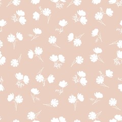 Seamless pattern with branches white watercolor flowers on a light brown background. Ideal for textiles, packaging, wallpaper, printing and digital design.