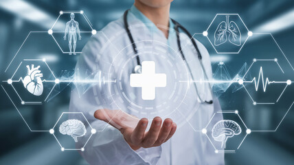 A medical professional interacting with digital health data, showcasing healthcare technology, human anatomy, heart, brain, and medical symbols representing advanced medicine and diagnosis.