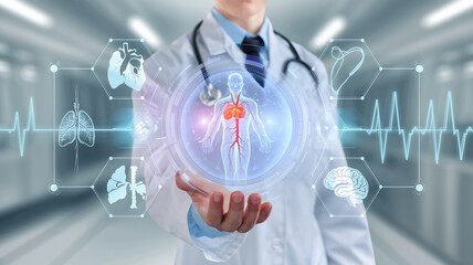 A medical professional presenting a futuristic digital healthcare interface with human anatomy, heart, lungs, brain, and other health data visualized in a modern hospital setting.