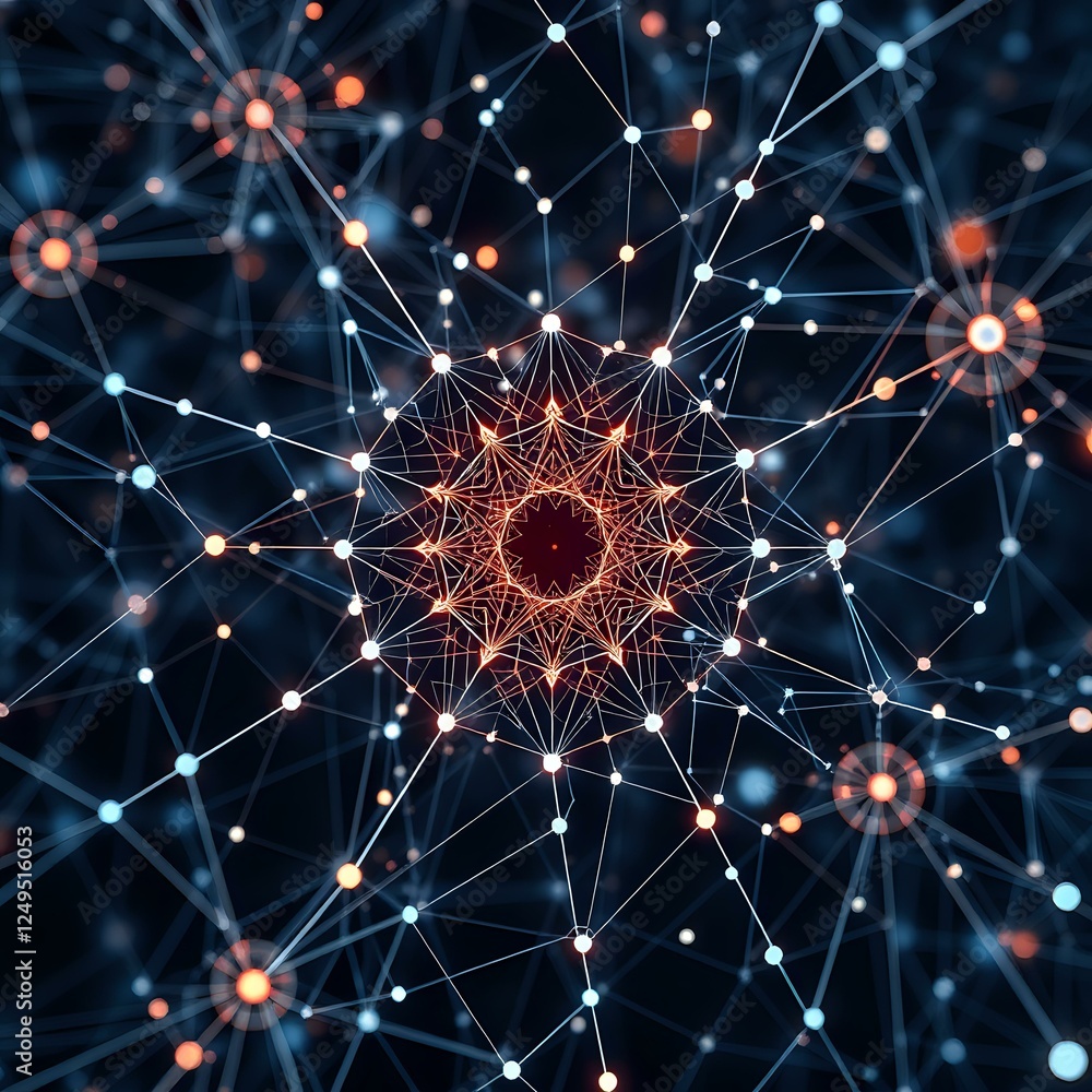 Poster abstract starburst design: intricate network patterns symbolizing advanced technology and intelligen