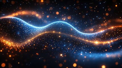 Abstract wave of glowing particles in blue and orange hues.
