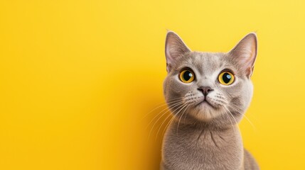 A curious gray cat with large yellow eyes sits against a bright yellow background, showcasing its expressive face and unique fur color.