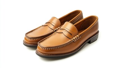 A casual pair of tan-colored loafers with a comfortable design, placed neatly on a bright white background