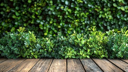 Wooden deck with green plants wall background