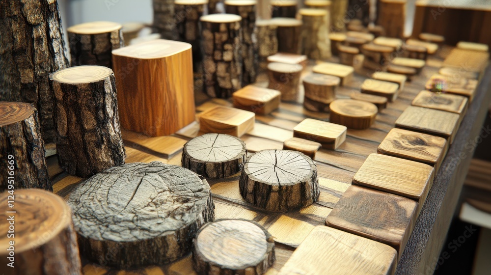 Poster assorted wooden blocks and logs display natural textures and grains