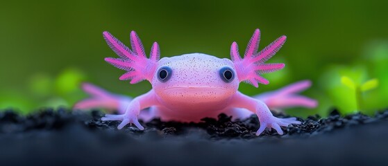 A vibrant pink axolotl showcases its unique features in an aquatic habitat.
