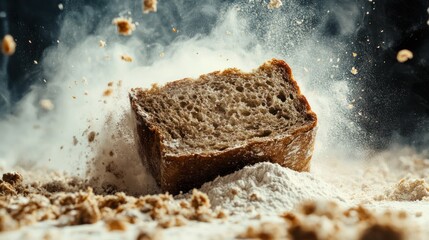 Fototapeta premium A cinematic shot capturing the moment a crusty slice of rye bread disintegrates into fragments