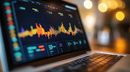 A close-up of a laptop screen with detailed financial analytics, featuring colorful line charts