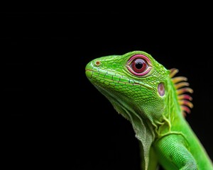 Obraz premium Close-up of a vibrant green lizard with striking features on a dark background.