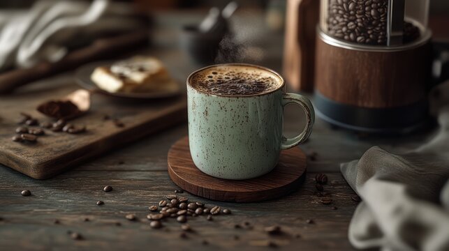 A cozy caf inspired scene with a French press pouring hot, flavorful coffee into a simple mug
