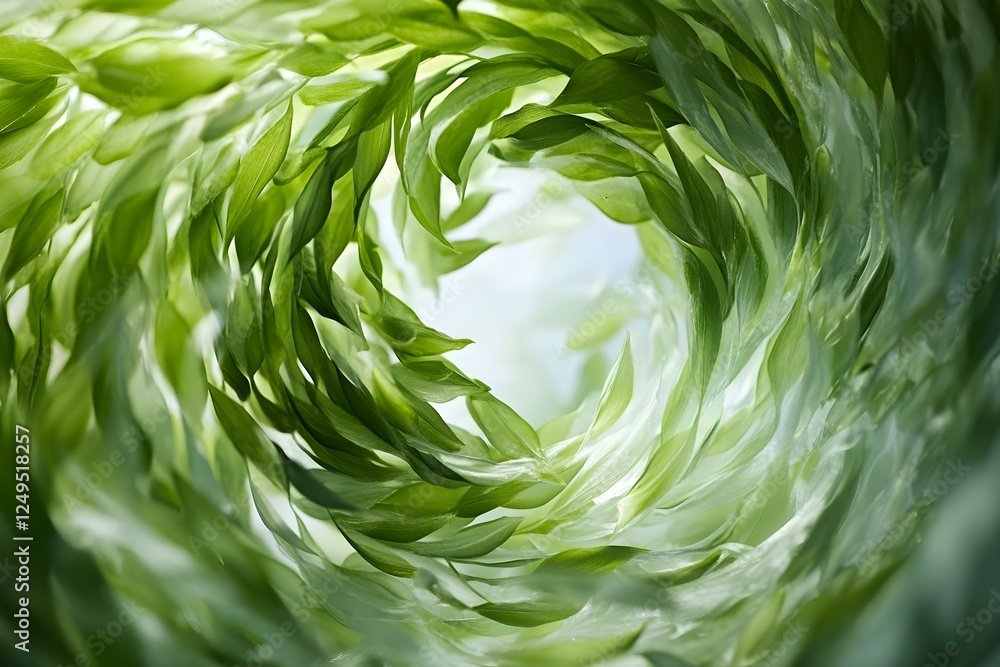 Poster a swirling arrangement of green leaves creating a vortex-like pattern, with light filtering through 