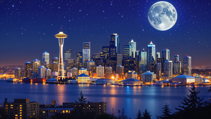 Fototapeta premium Panorama of the city of Seattle, Washington State, United States of America, beautiful night 