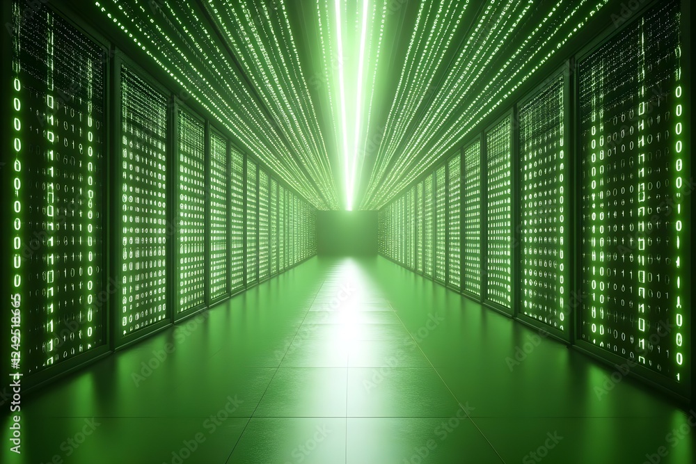 Poster a futuristic server room with glowing green lights and vertical panels displaying binary code. conce