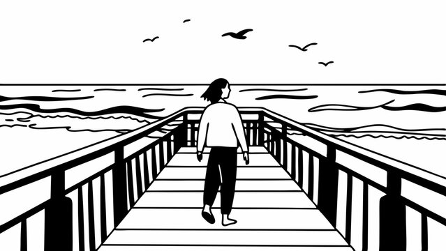Fototapeta Person walking on pier by the ocean