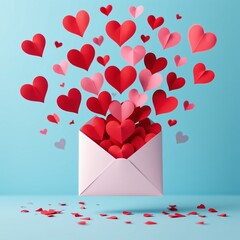 Happy Valentine's Day Paper Hearts Flying from an Envelope on Blue Background