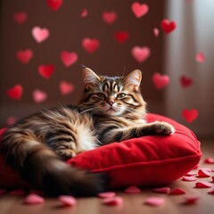 Valentine’s Day: Cozy Cat on Red Cushion Surrounded by Hearts