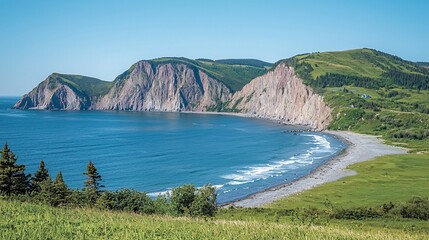 Obraz premium Coastal cliffs, beach, ocean view, sunny day, landscape photography
