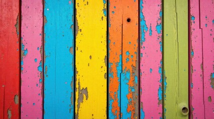 Vibrant Hues of Peeling Paint on Weathered Wooden Planks A Colorful Abstract Texture