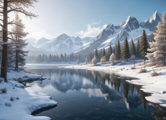 Snow-covered mountains and trees with a frozen lake in the distance , serene, landscape, frosty