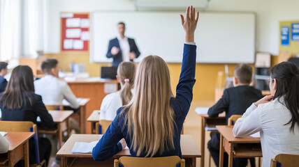 A well-lit classroom setting with a teacher in the front, teaching a group of students who are actively engaging by raising their hands, symbolizing participation in education.