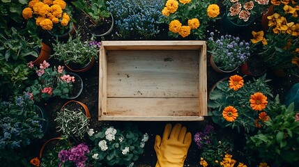 An overhead shot of gardening tools and flower sets