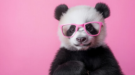 Cute panda cub sporting pink sunglasses against pink background. concept of adorable wildlife, playful fashion, captivating animal, colorful imagery, funny pet, cute animal Summer. Copy space