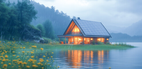 Fototapeta premium Cozy cabin by the lake surrounded by nature during a rainy evening with warm light shining through windows