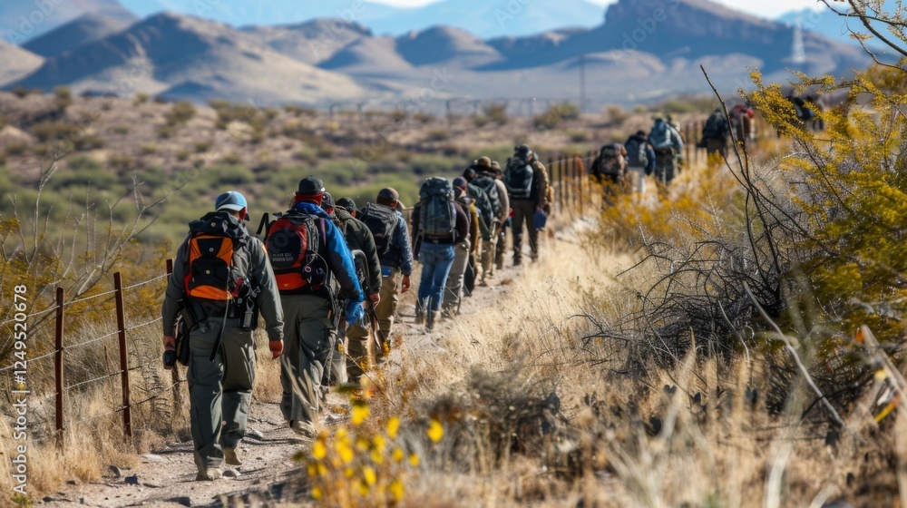 Poster groups of hikers navigate a dusty trail through a desert area, surrounded by hills and sparse vegeta