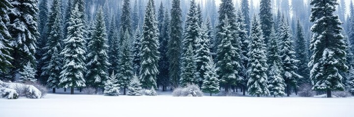 Snowy winter forest background with towering evergreen trees and twinkling snowflakes, frost, festive atmosphere