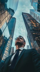 Fototapeta premium Focused professional gazes up amidst skyscrapers, embodying ambition and urban success in a modern setting.